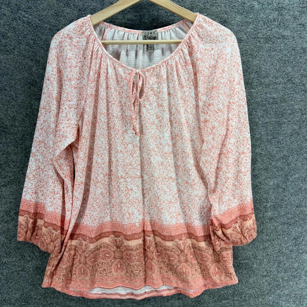 Como Vintage Blouse Women L Large Pink Geometric Long Sleeve Tasseled Rayon